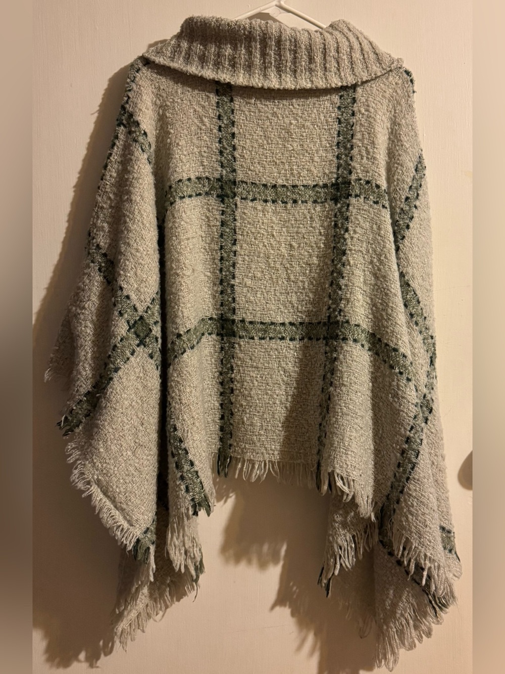 Cost Plus World Market Cream Poncho with Green Plaid - Picture 2 of 3